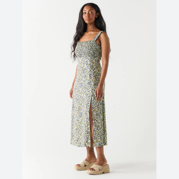 Zara Midi Maxi Dress Coquette Floral print Smoked Linen Viscose Babydoll Sz L - Picture 3 of 16